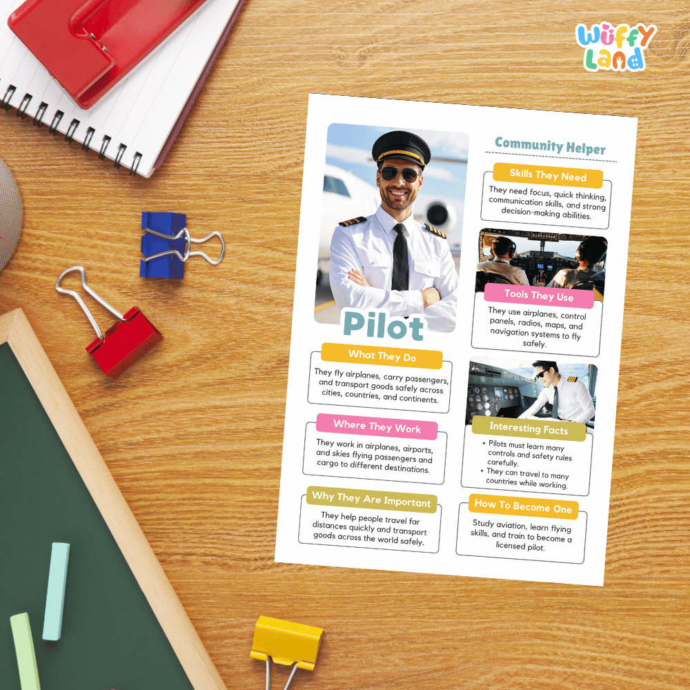 Guided student writing worksheets with lined sections for recording facts and a dedicated box for drawing or pasting a picture of a pilot