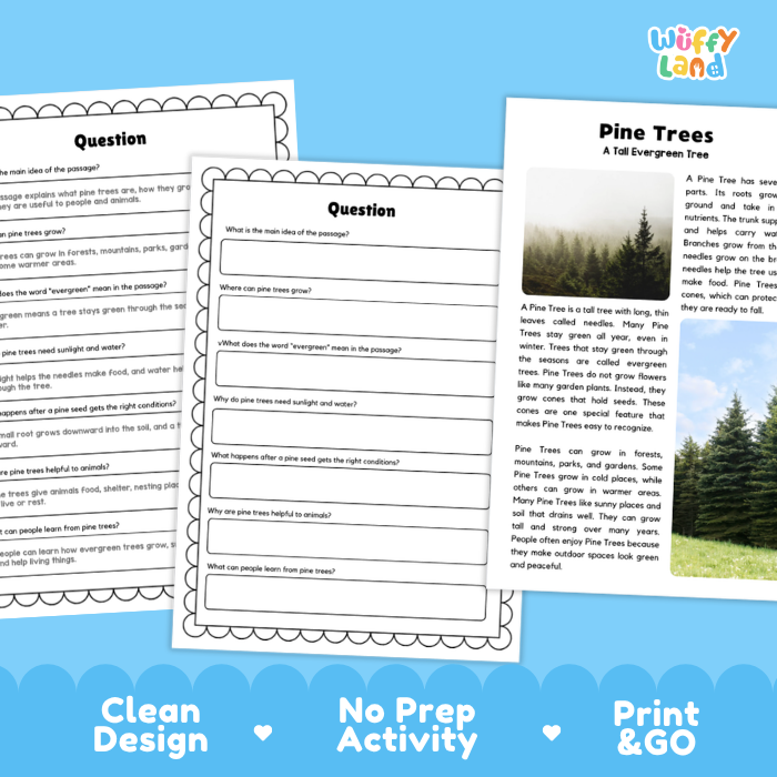 Pine Tree Plant Reading Passages and Comprehension Questions Worksheets