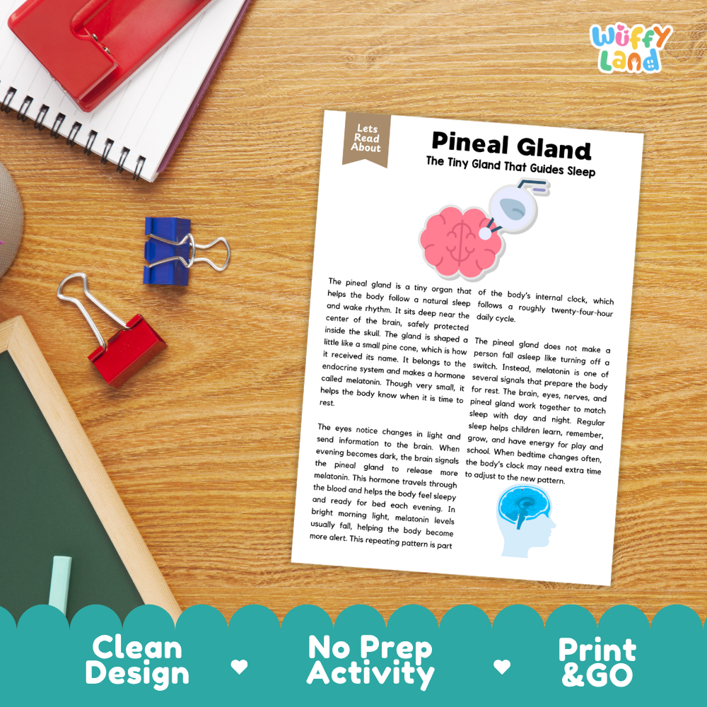 Student reading comprehension worksheet with short-answer questions and lined sections about the human pineal gland