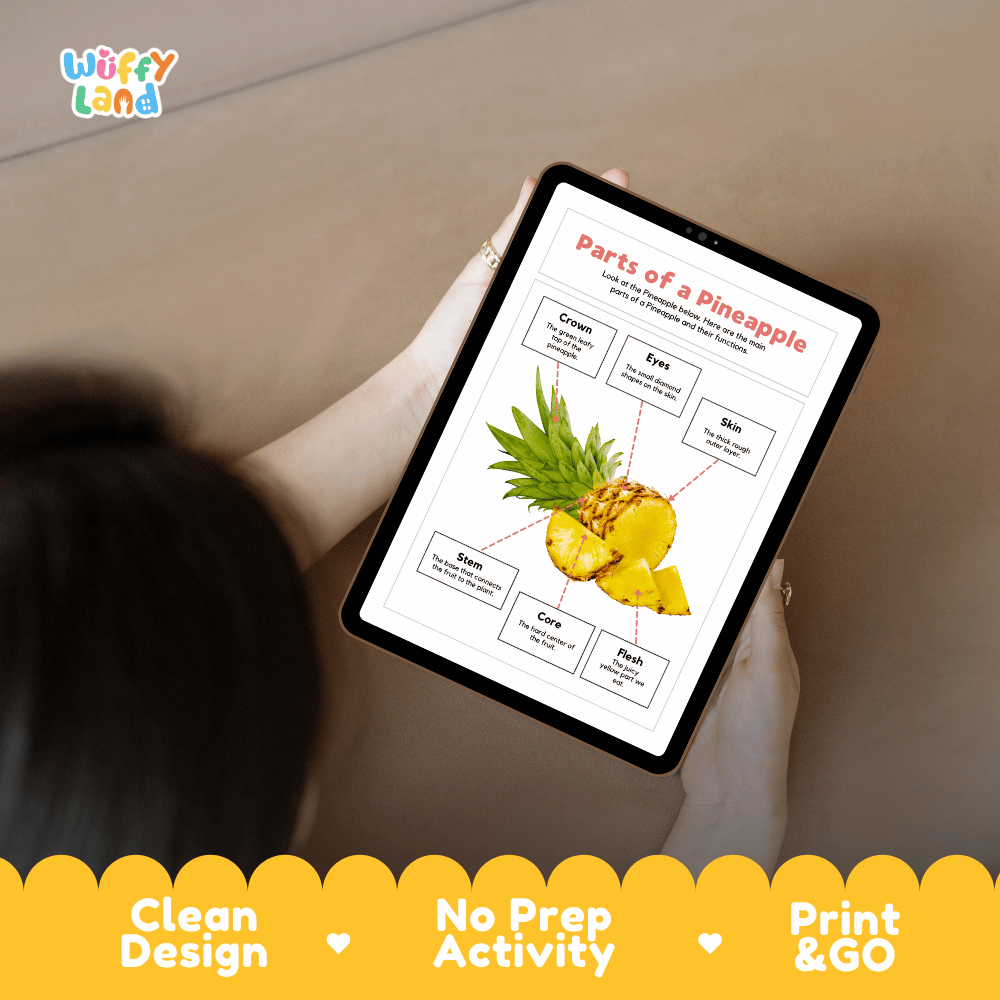 Educational cut and paste pineapple fruit anatomy worksheet with printable word cutout tiles for crown, eyes, skin, stem, core, and flesh