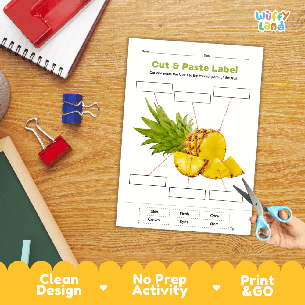 Printable plant biology worksheet showing sliced and whole fresh pineapples with blank labeling boxes and a vocabulary word bank for writing practice