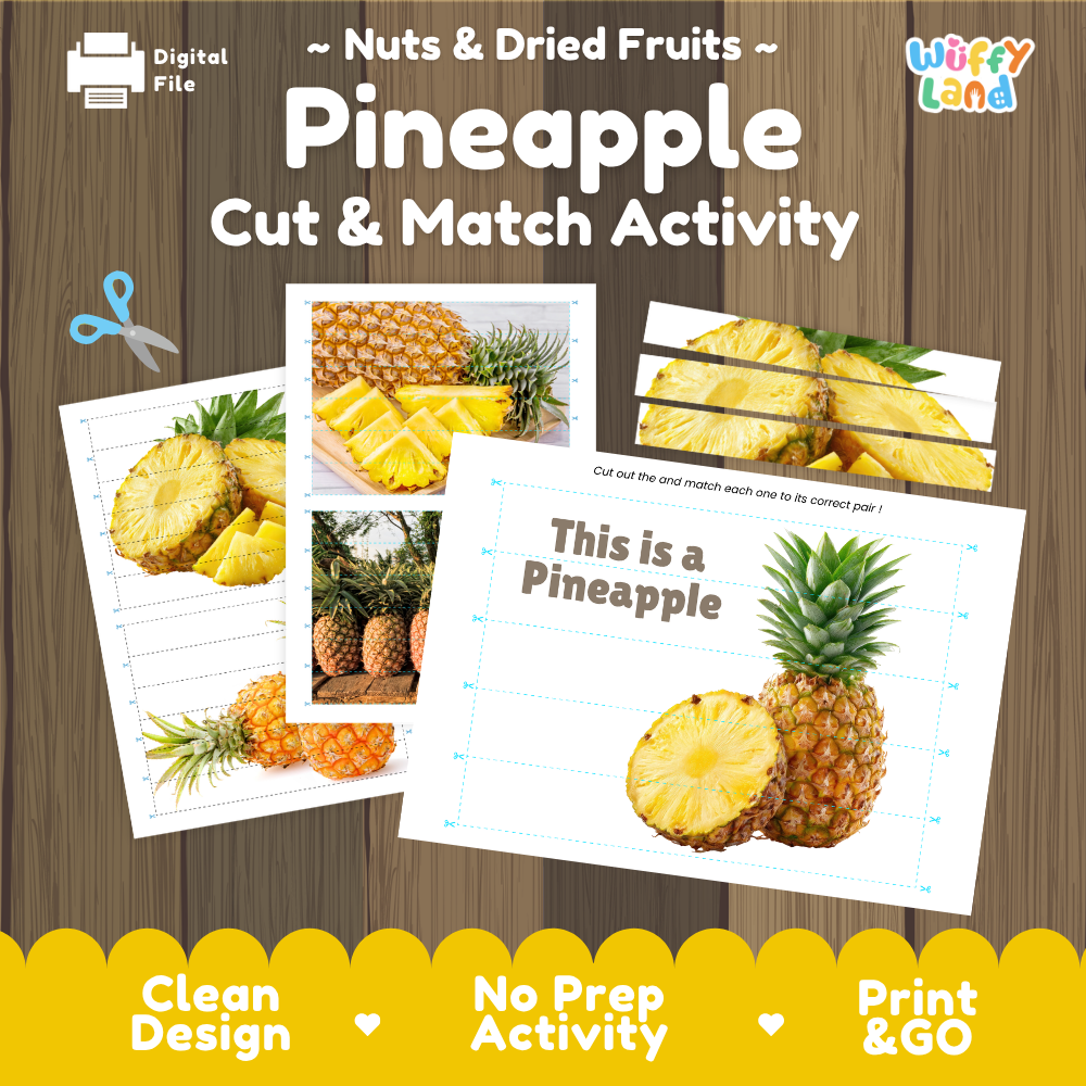 Pineapple cut and match activity cover showing printable fine motor puzzle sheets and fruit photographs