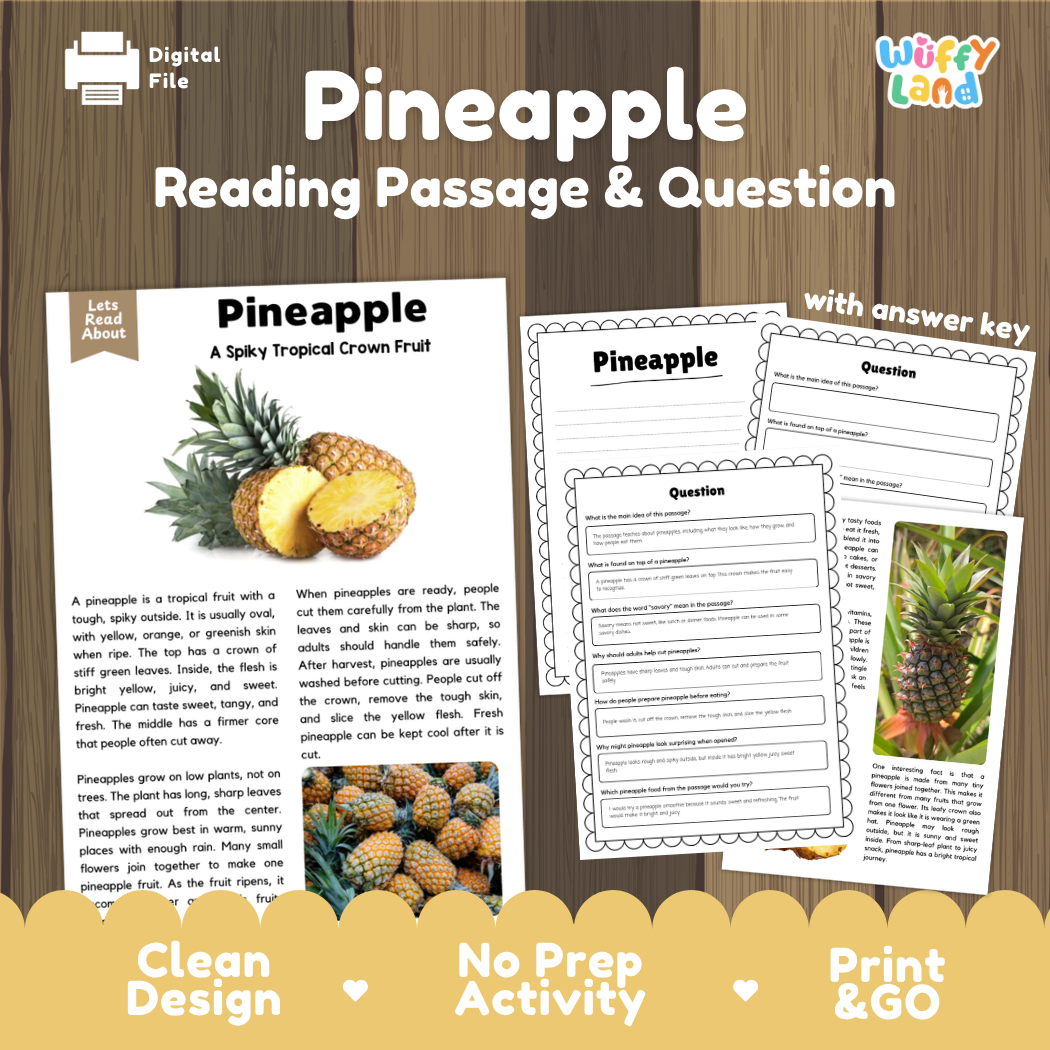 Pineapple reading comprehension passage and questions printable activity pack with answer key for elementary students