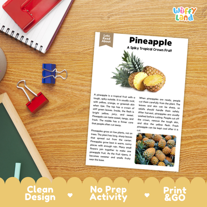 Student reading comprehension worksheet with short-answer questions and lined sections about the pineapple fruit
