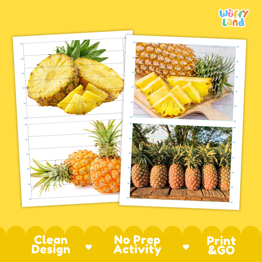 Printable activity sheets featuring photographic pineapple puzzle boards and cutting guides