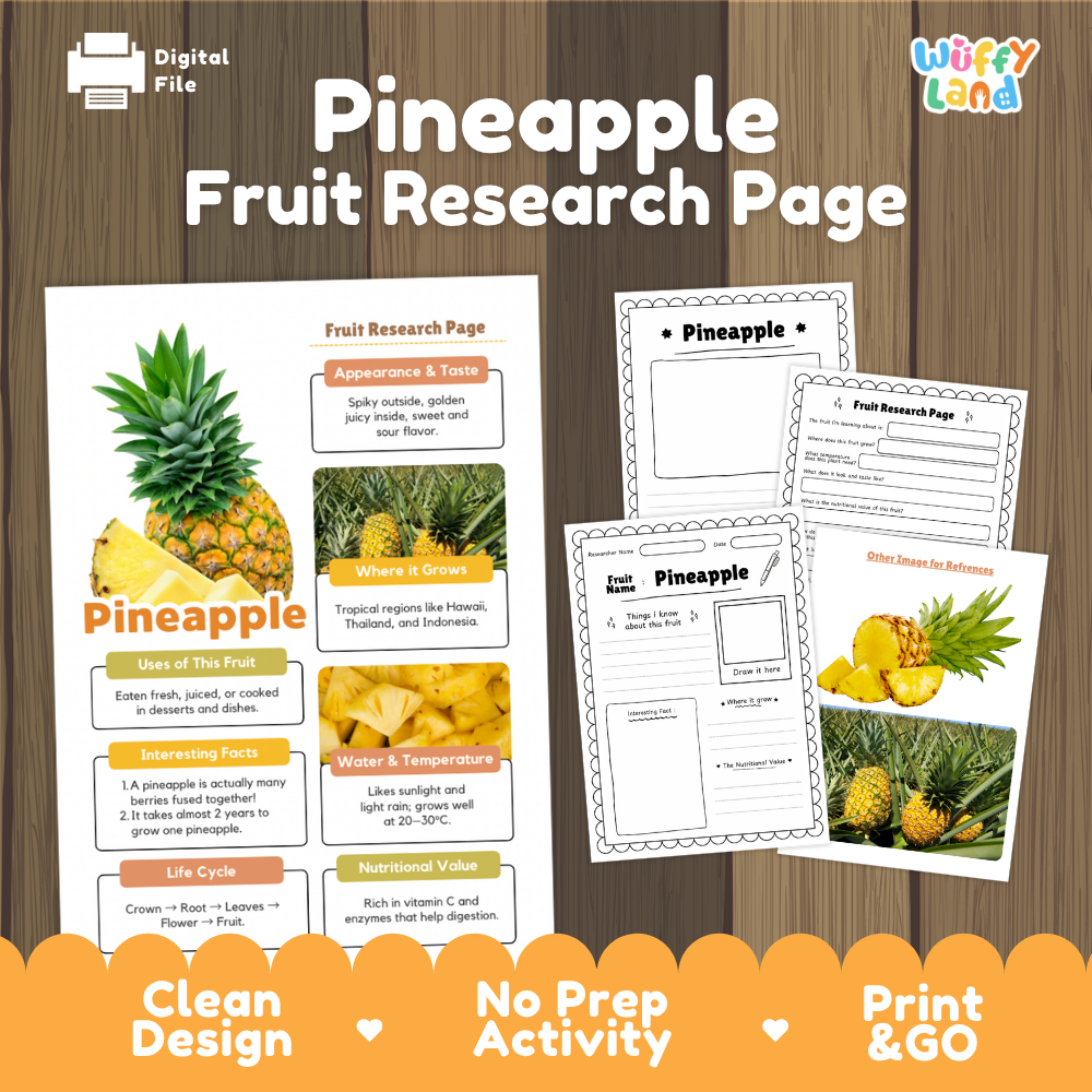 Digital preview of a printable 'Pineapple Fruit Research Page' from Wiffly Land, showing a main poster page and several worksheet pages on a wood-textured background with promotional text at the bottom.