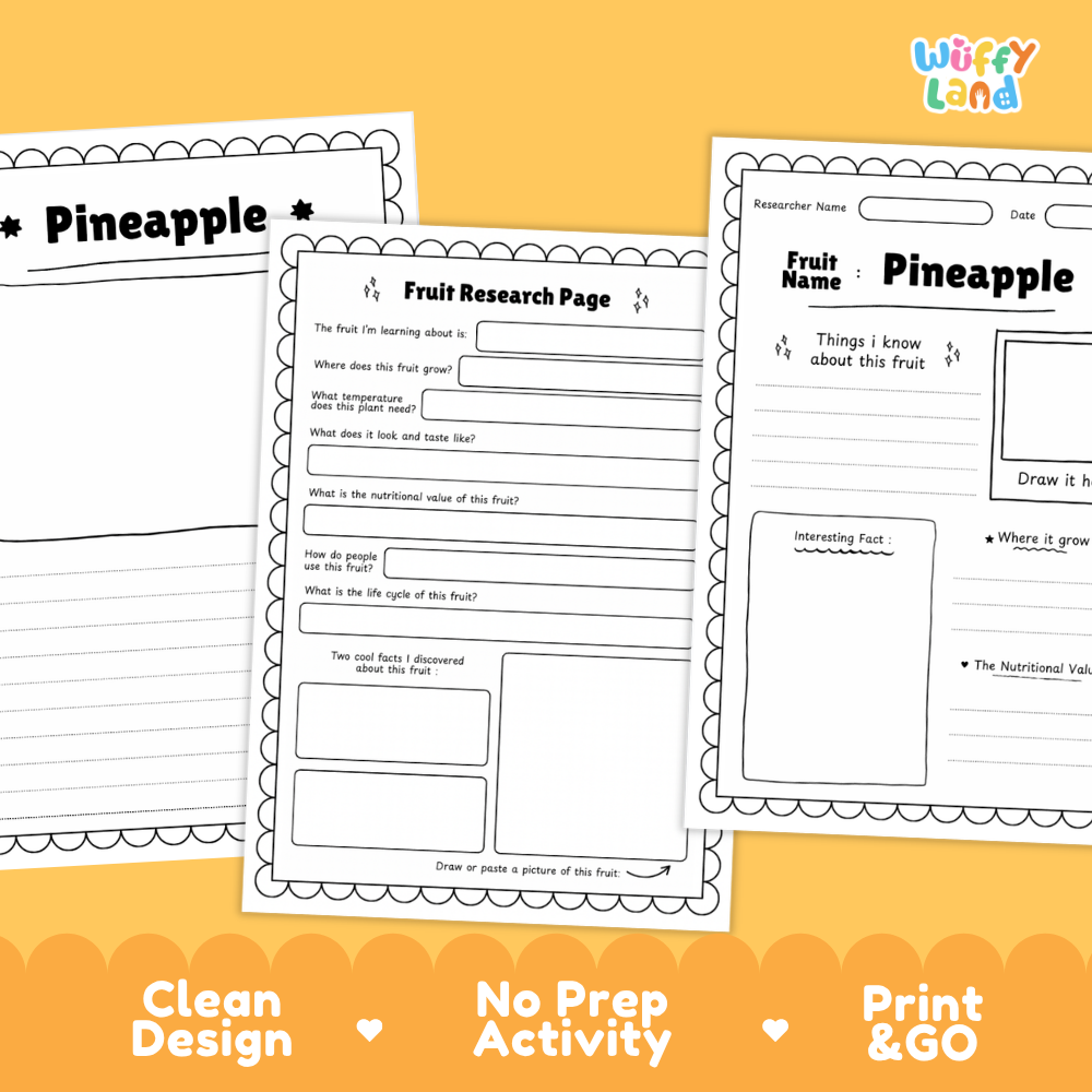 Three printable fruit research worksheet pages for Pineapple displayed on a bright yellow background with orange wave accents. The worksheets have black text and lines on white paper with decorative scalloped borders.