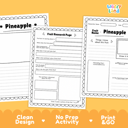 Three printable fruit research worksheet pages for Pineapple displayed on a bright yellow background with orange wave accents. The worksheets have black text and lines on white paper with decorative scalloped borders.