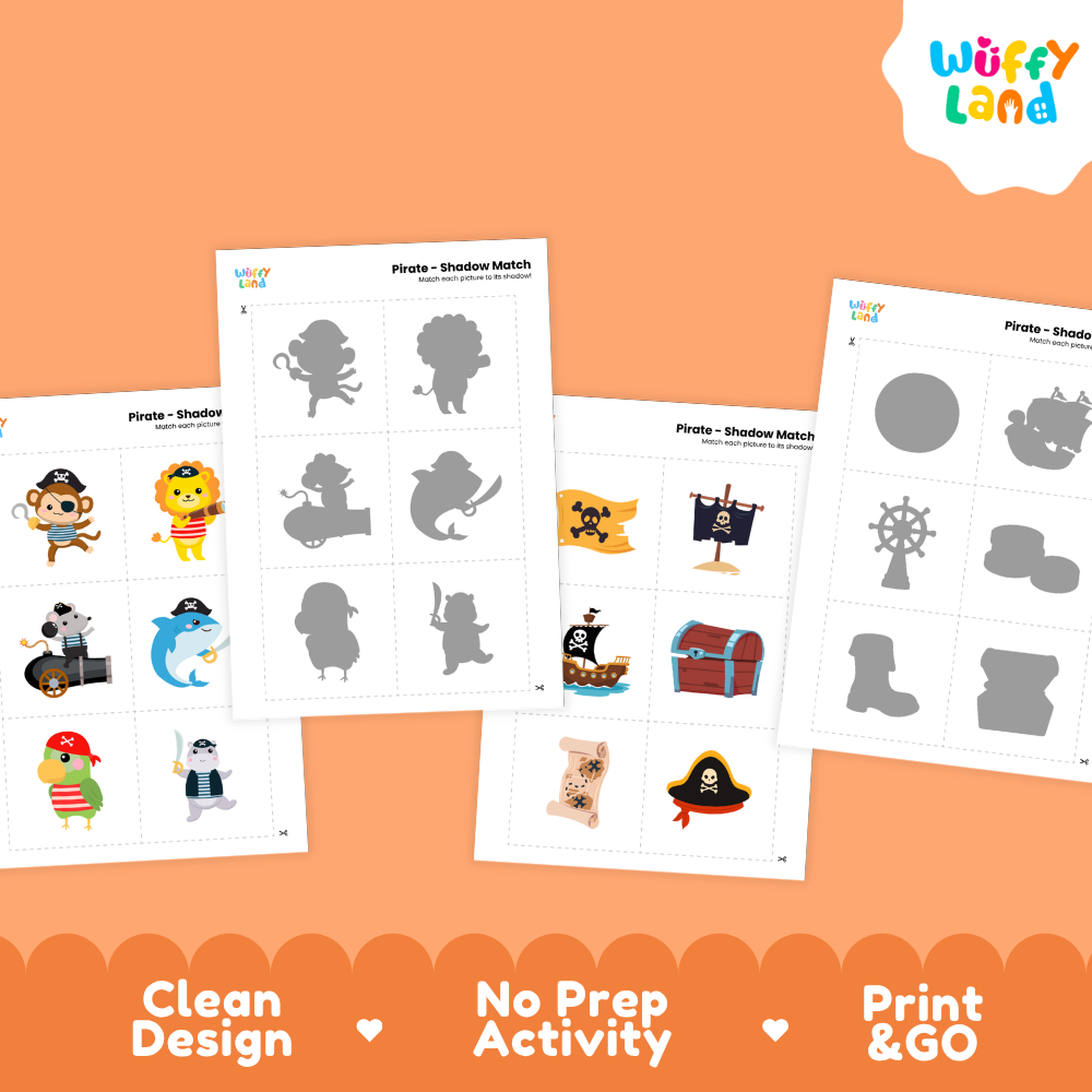 Full color pirate object cards featuring pirate monkey, lion captain, mouse on cannon, and friendly shark