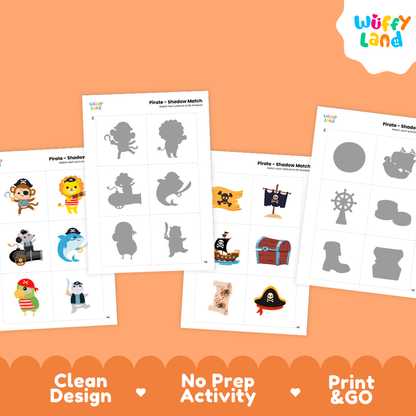 Full color pirate object cards featuring pirate monkey, lion captain, mouse on cannon, and friendly shark