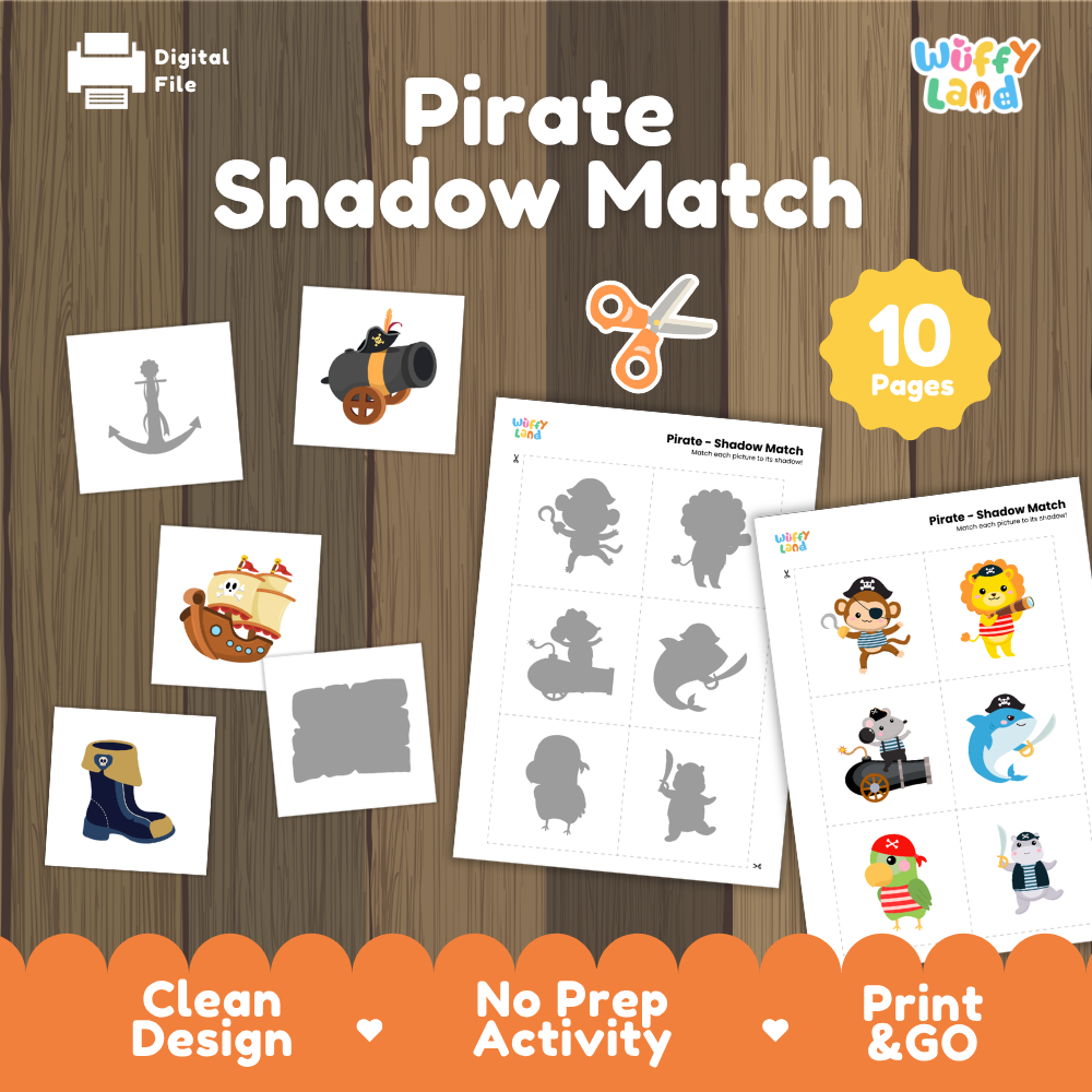 Pirate shadow match activity cover showing 10-page printable pack with anchor silhouette, cannon card, and shadow matching worksheets