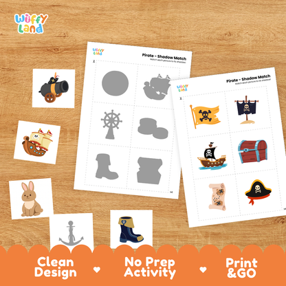 Printable shadow matching grid sheet showing silhouettes of pirate monkeys, mice on cannons, and sharks with swords
