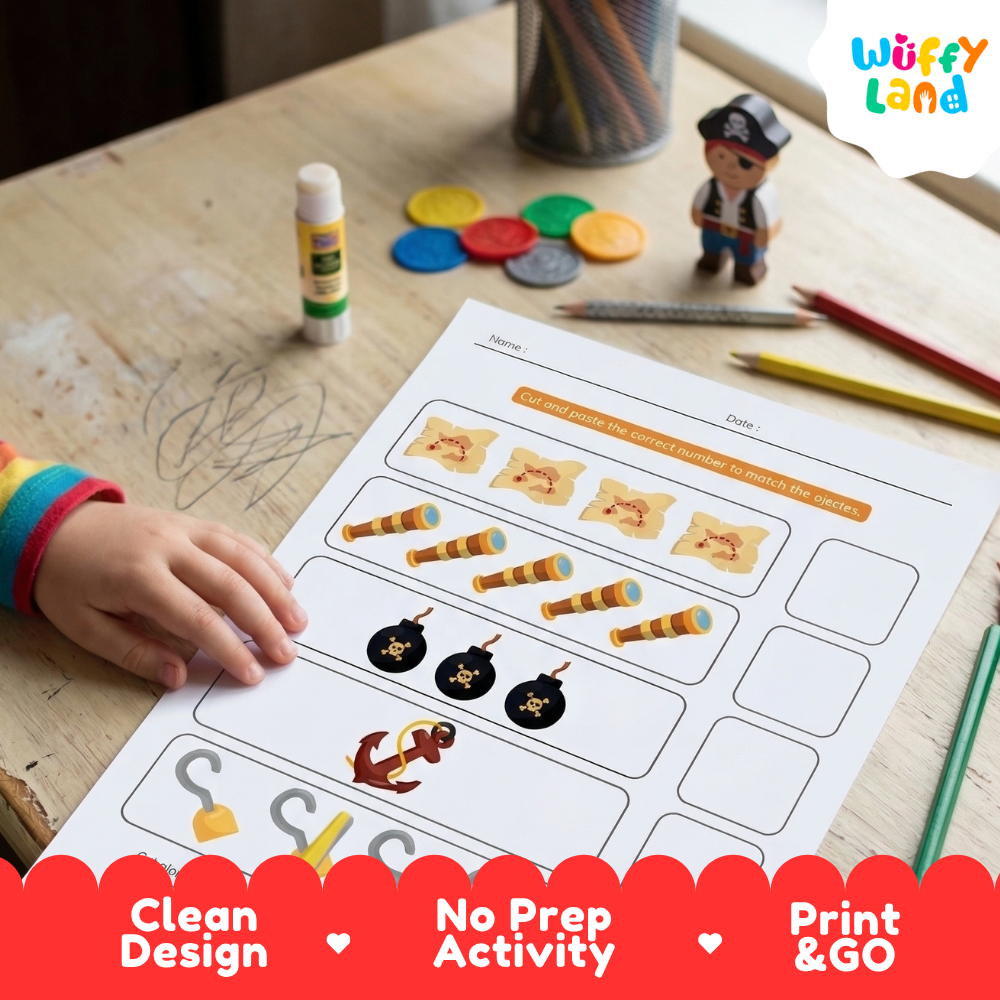 Full color preschool math worksheet counting 1 to 5 with treasure maps spyglasses bombs anchors and hooks with cut-and-paste numbers
