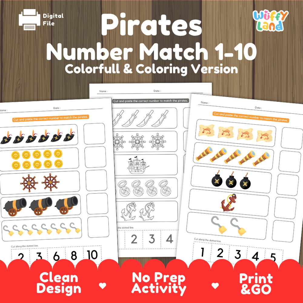 Pirates number match 1 to 10 cover showing full color and coloring version cut and paste math worksheets with pirate hats gold coins cannons and treasure maps