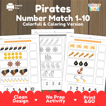 Pirates number match 1 to 10 cover showing full color and coloring version cut and paste math worksheets with pirate hats gold coins cannons and treasure maps