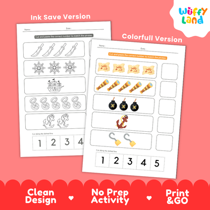 Black and white printable pirate counting coloring page featuring swords ship wheels pirate ship compasses and anchors with cut-and-paste numbers
