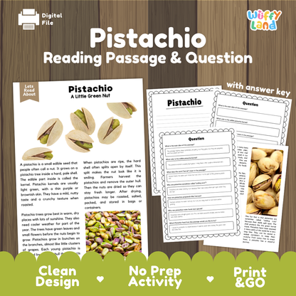 Pistachio Reading Passage and Comprehension Questions with Answer Key Worksheets