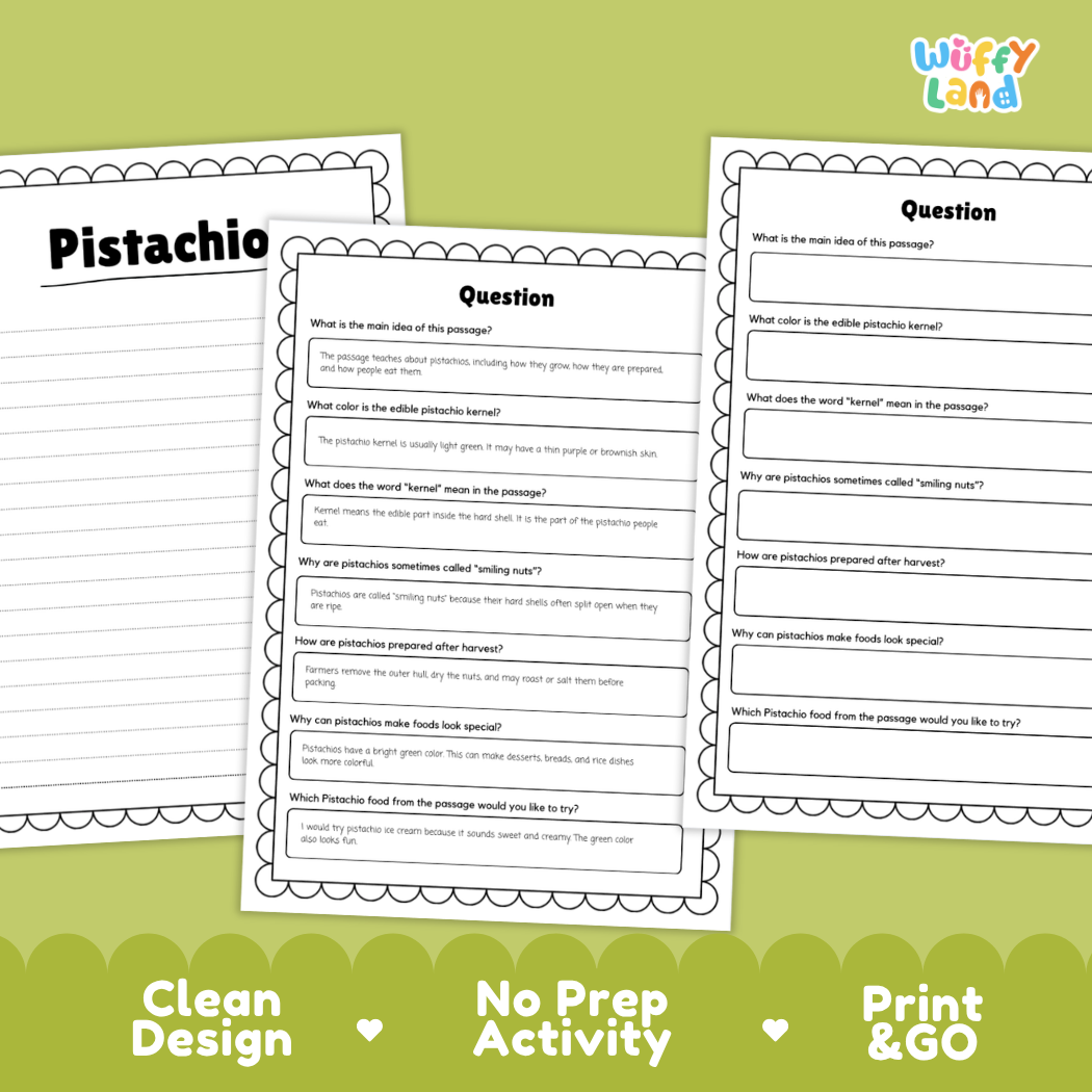 Pistachio Reading Passage and Comprehension Questions with Answer Key Worksheets