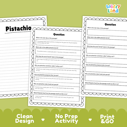 Pistachio Reading Passage and Comprehension Questions with Answer Key Worksheets