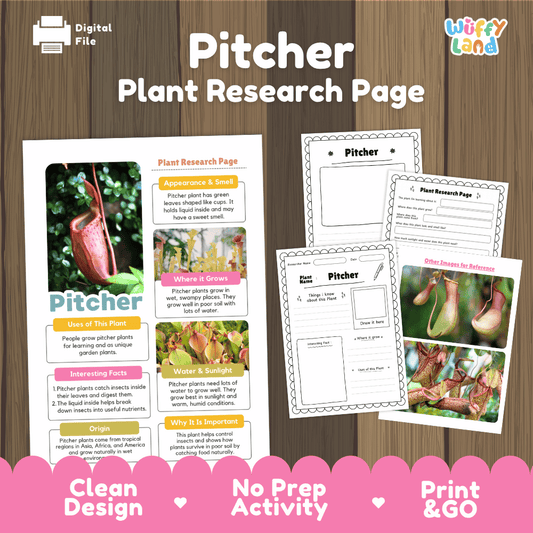 Educational pitcher plant research worksheets and informational fact sheets with real plant photos for elementary students