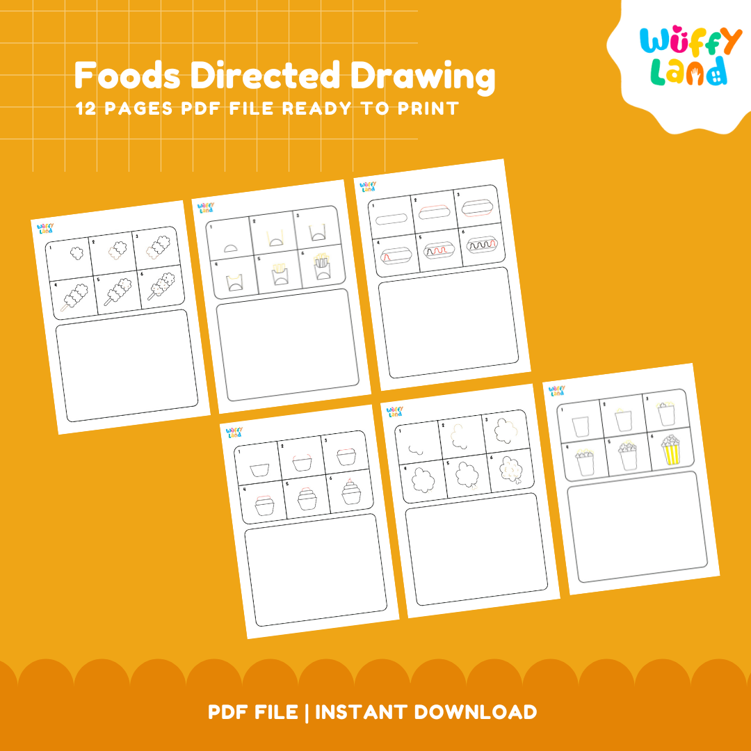 Children's guided food drawing sheets showing step-by-step instructions for pizza slice, cupcake, and meat skewer 🍕🧁