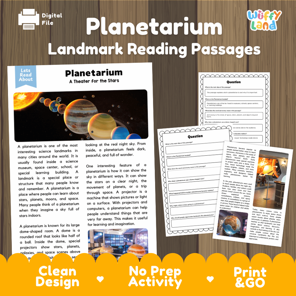 Planetarium Landmark Reading Passages and Comprehension Worksheets