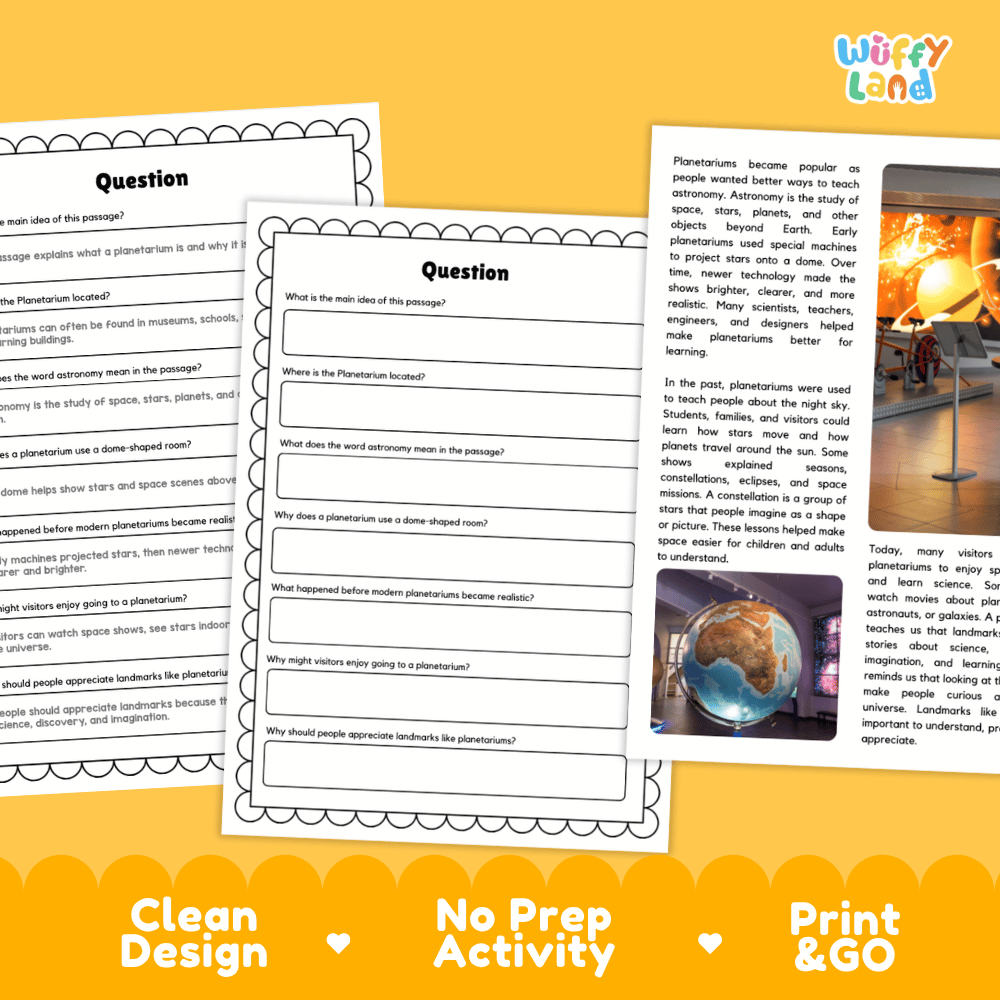 Planetarium Landmark Reading Passages and Comprehension Worksheets