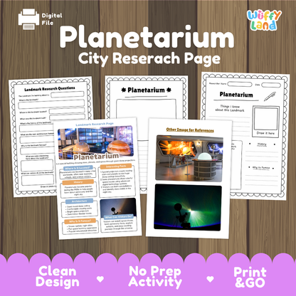 A digital product preview for a 'Planetarium City Research Page' activity sheet by Wiffy Land, displayed on a wood-grain background with a purple banner at the bottom highlighting key features.