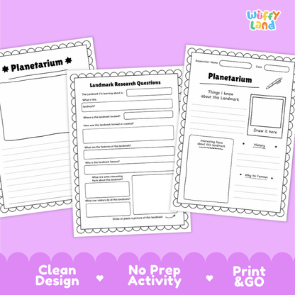 Three printable worksheet pages for landowners and planetarium-themed writing activities, shown on a lavender background with the Wiffly Land logo and feature badges at the bottom.