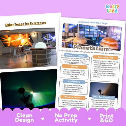 Planetarium Landmark Research Project Worksheets and Fact Page Activity
