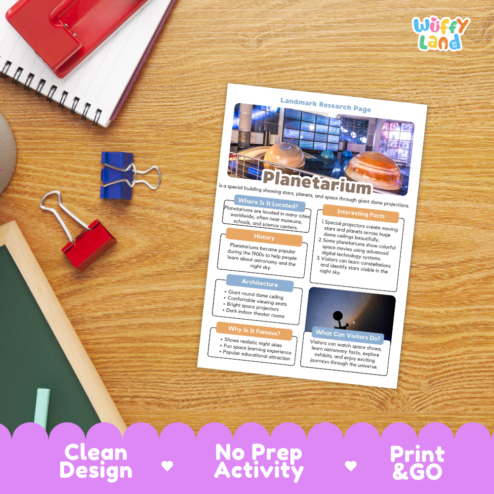 A printed planetarium-themed research page activity sheet lies on a wooden desk, surrounded by notebooks, binder clips, and a chalkboard. The sheet includes colorful text blocks, a planetarium photo, and a dark sky photo.