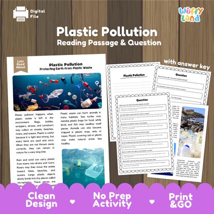 Plastic Pollution reading comprehension passage and questions printable activity pack with answer key for elementary students