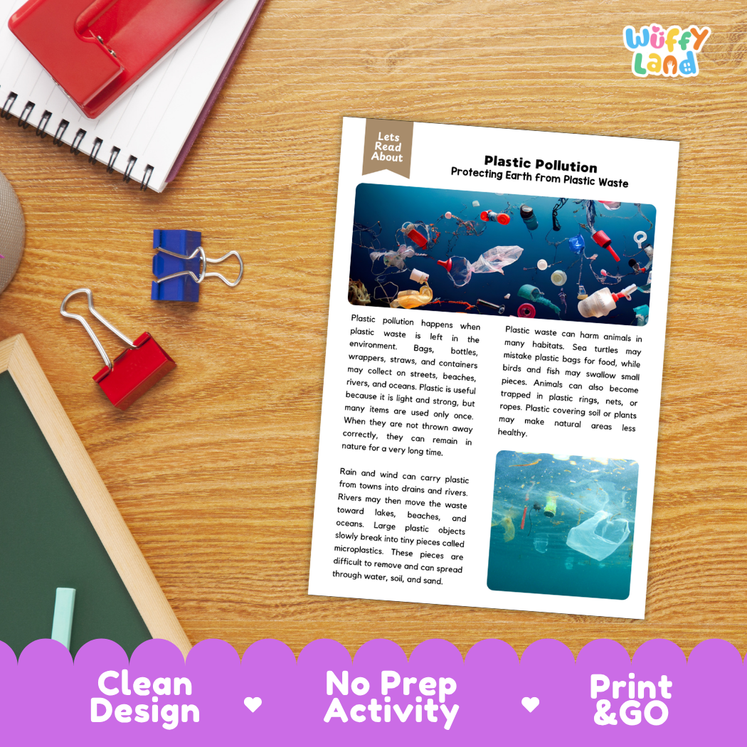 Student reading comprehension worksheet with short-answer questions and lined sections about plastic pollution