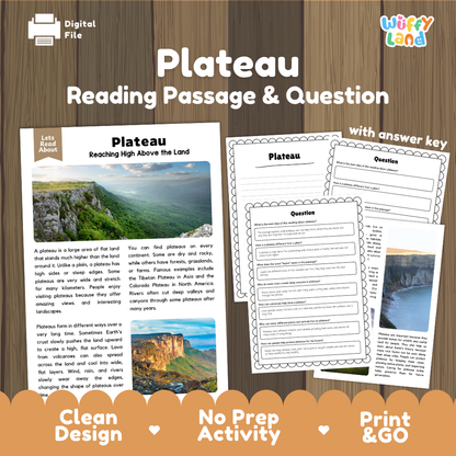 Plateau Reading Passage and Comprehension Questions Worksheets Landforms