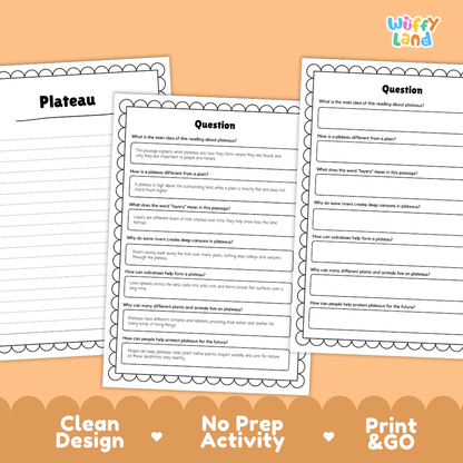Plateau Reading Passage and Comprehension Questions Worksheets Landforms
