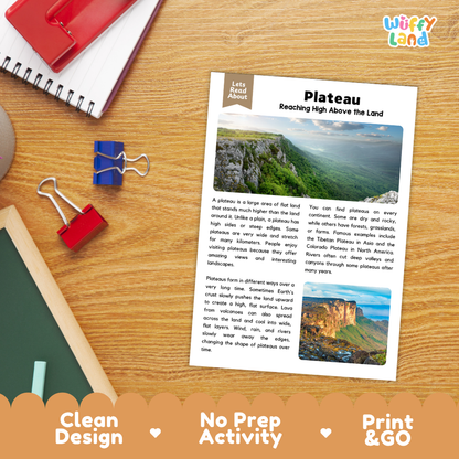 Plateau Reading Passage and Comprehension Questions Worksheets Landforms