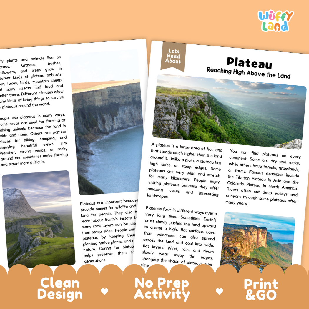 Two educational activity cards for a geography lesson about plateaus, displayed on a white background with an orange 'Wiffly land' logo banner at the top and an orange 'Clean Design • No Prep Activity • Print & GO' strip at the bottom.