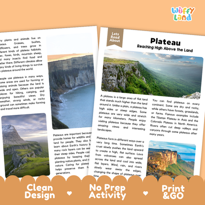 Two educational activity cards for a geography lesson about plateaus, displayed on a white background with an orange 'Wiffly land' logo banner at the top and an orange 'Clean Design • No Prep Activity • Print & GO' strip at the bottom.
