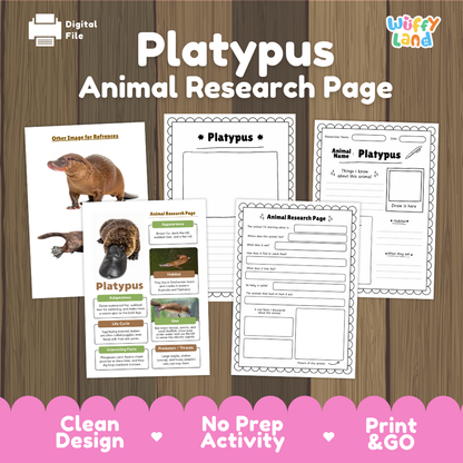 Digital preview of a 'Platypus Animal Research Page' activity sheet set by Wiffy Land, displayed on a wood-grain background with a pink banner at the bottom highlighting key features like 'Clean Design', 'No Prep Activity', and 'Print & GO'.