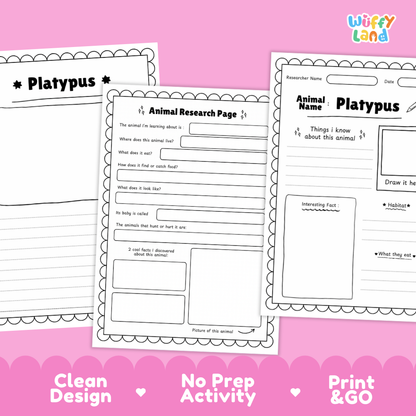 Platypus Animal Research Page Worksheets