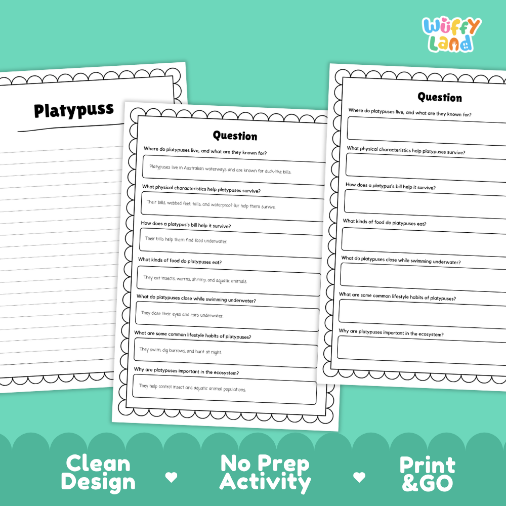 Three printable educational activity sheets for learning about platypuses are displayed on a teal background. The sheets include text fields for questions about platypuses' body features, diet, and habitat.