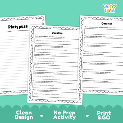 Three printable educational activity sheets for learning about platypuses are displayed on a teal background. The sheets include text fields for questions about platypuses' body features, diet, and habitat.