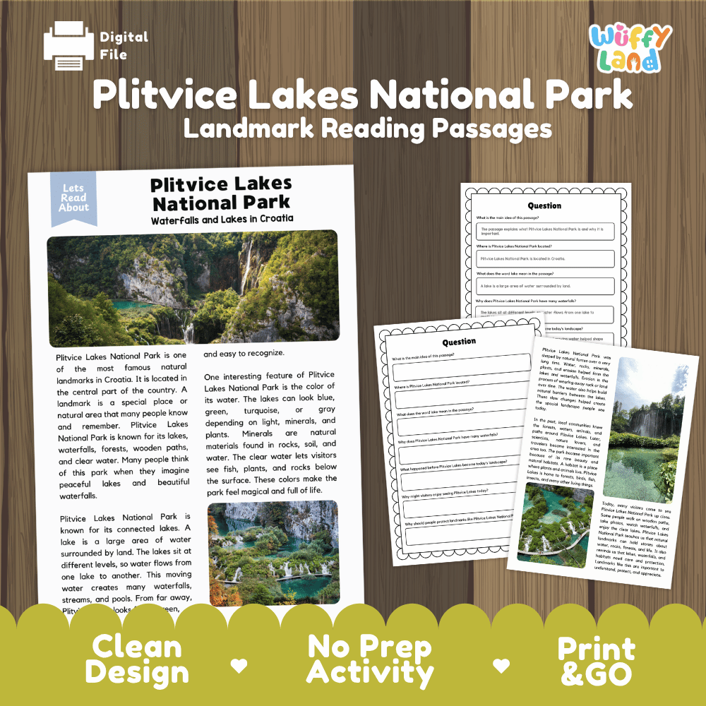 Plitvice Lakes National Park landmark reading passages educational study unit featuring nonfiction reading worksheets and authentic Croatian waterfall photography