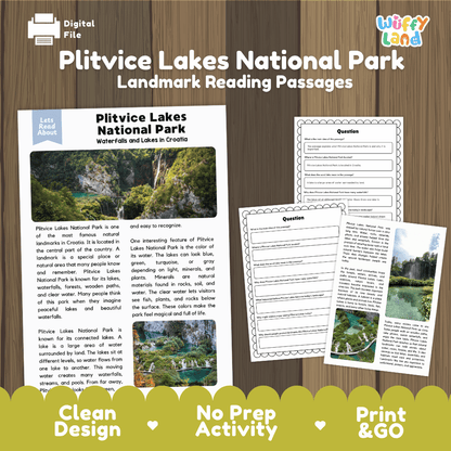 Plitvice Lakes National Park landmark reading passages educational study unit featuring nonfiction reading worksheets and authentic Croatian waterfall photography