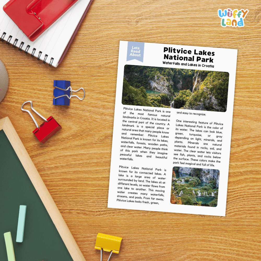 Lined reading comprehension question worksheet covering main ideas vocabulary terms and landmark facts about Plitvice Lakes National Park