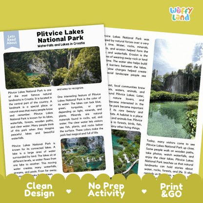 Reference sheet and answer key for Plitvice Lakes National Park landmark reading passage displaying completed comprehension answers and nature facts