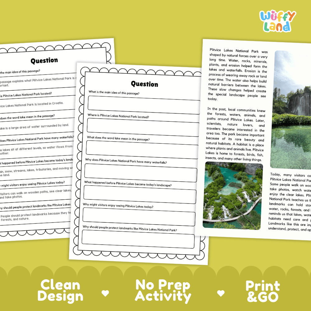 Student reading passage titled Waterfalls and Lakes in Croatia detailing Plitvice Lakes National Park tiered lakes mineral colors and waterfall photography