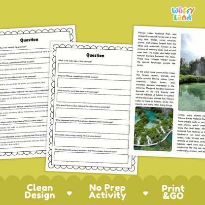 Student reading passage titled Waterfalls and Lakes in Croatia detailing Plitvice Lakes National Park tiered lakes mineral colors and waterfall photography