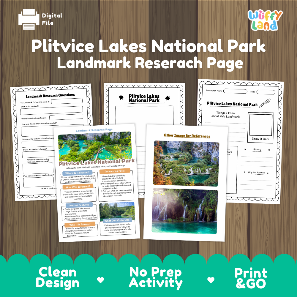 Digital preview of a Plitvice Lakes National Park landmark research page set, showing several printable worksheet pages and a reference card on a wood plank background, with the title 'Plitvice Lakes National Park Landmark Researach Page' and a 'Wiffy Land' logo.