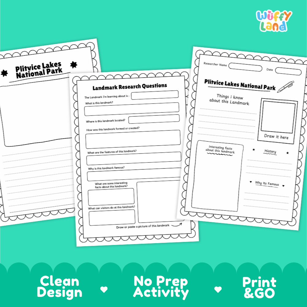 Three printable worksheet pages for Plitvice Lakes National Park shown on a bright teal background. The pages include labeled sections for research questions, notes, and a drawing area.